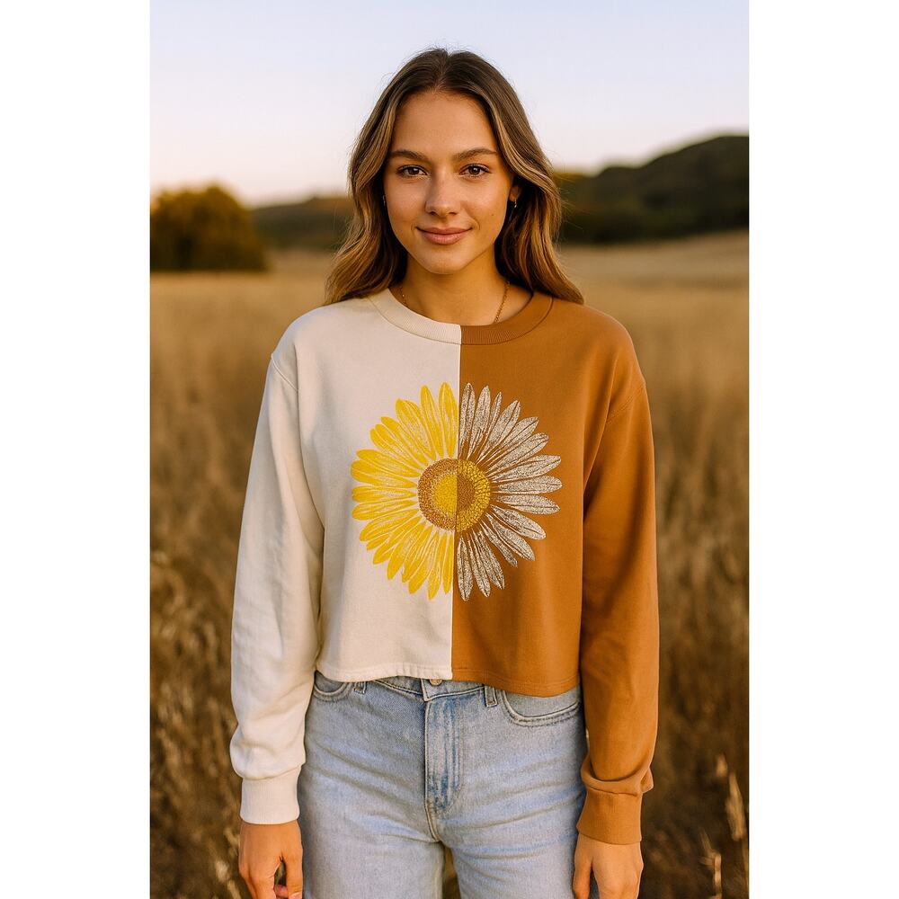 Social Scene Color Block Crop Top L Sunflower Print Cream Butterscotch Long Slv